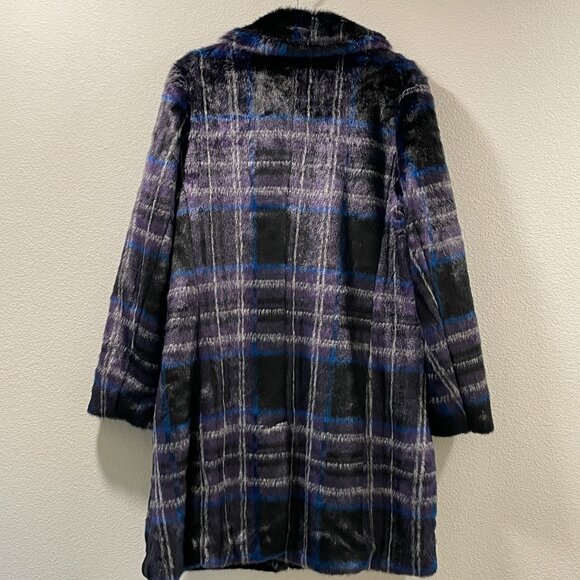 SAM EDELMAN NEW Faux Fur Plaid Long Sleeve Coat Black/Royal/Purple Size L - Picture 3 of 10